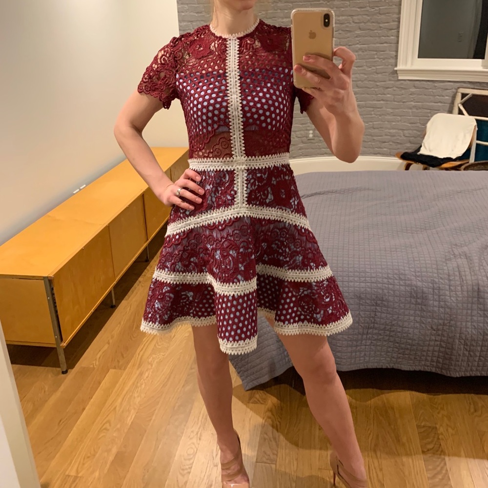 Alexis burgundy lace flared dress